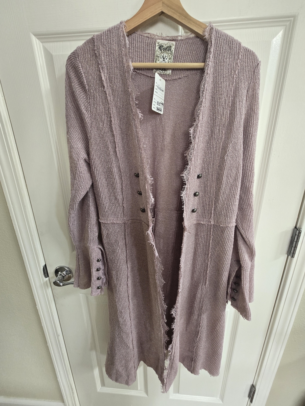 VOCAL Frayed Open-Front Long Cardigan Sweater - Dusty Rose